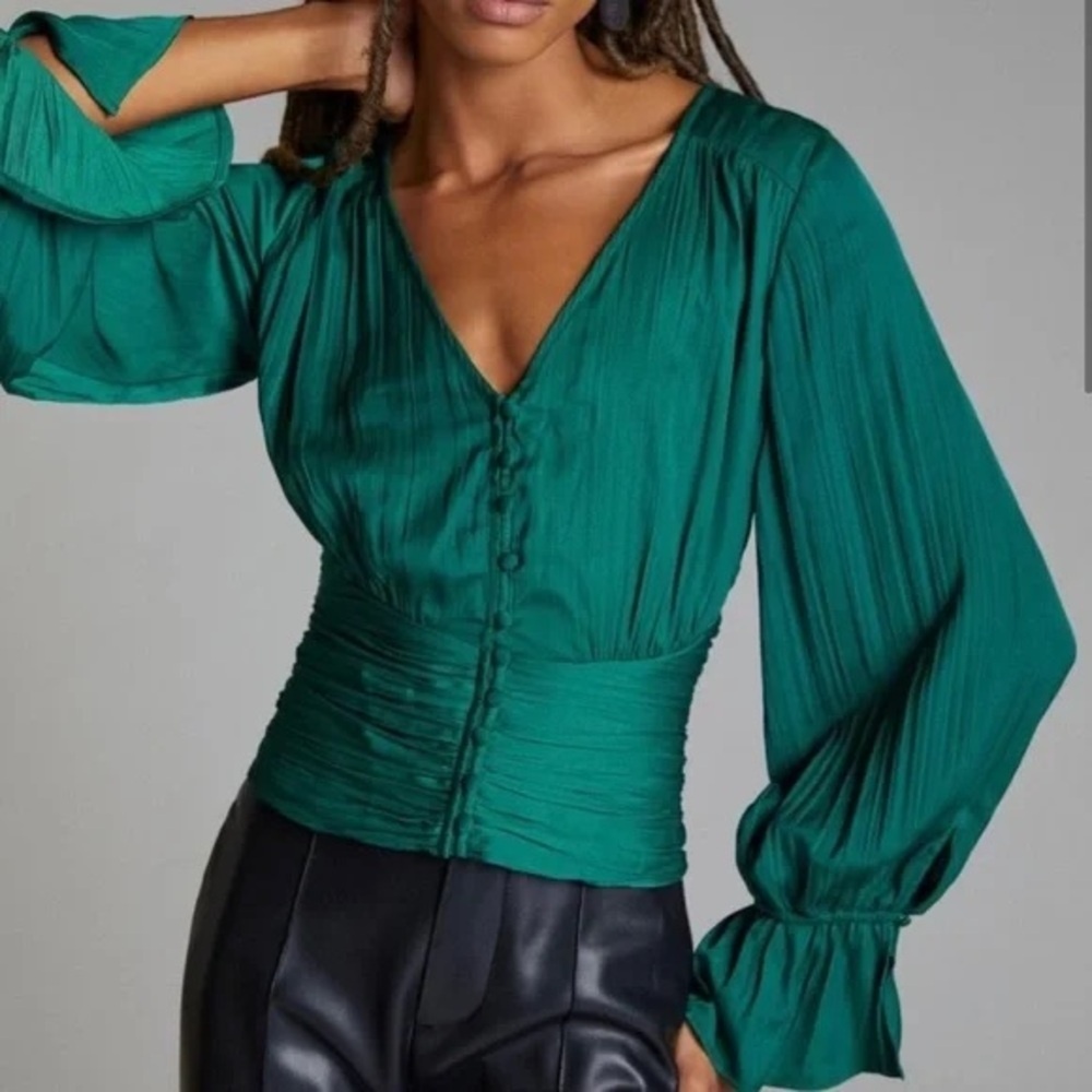 Anthropologie Sensual Plunge V-Neck Cinch Puff Sleeve Green Emerald Top size XS